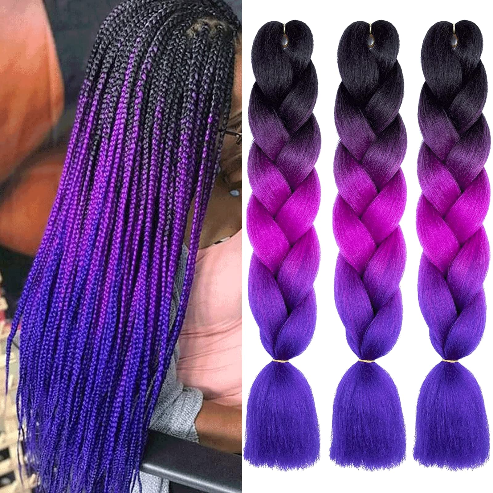 Xtrend 3Packs 3 Tone Jumbo Braiding Hair 24 Inch Synthetic Ombre Braiding Hair Extension for Box Braids and Twist Crochet Braids Hair (3Packs, Black/Purple/Blue#) โ image 1