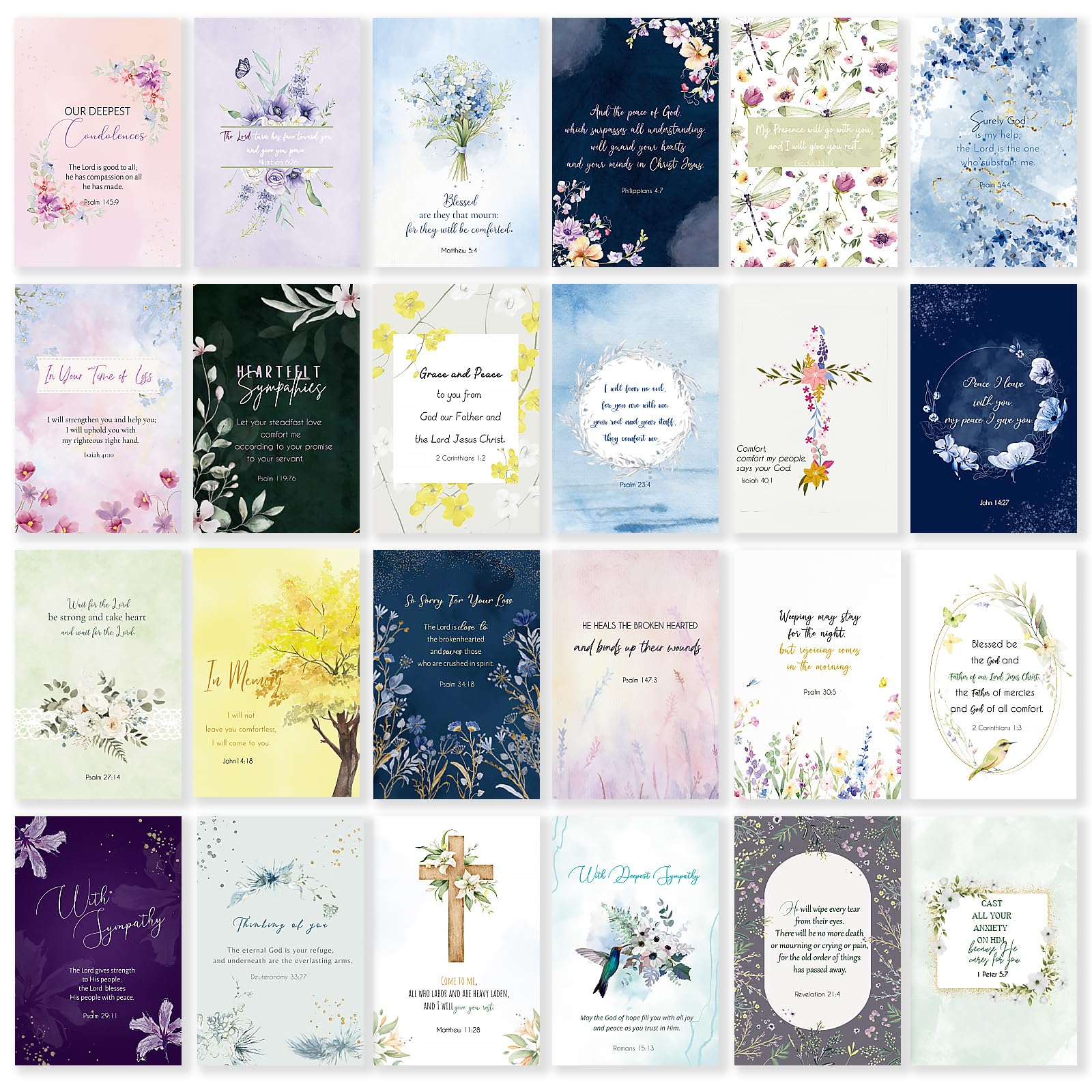 Photo 1 of 24 Pack Floral Religious Sympathy Cards with Self-adhesive Envelopes, 4"x6" Boxed Blessing Christian Condolences Cards for Loss with Sentiments Inside, 24 Bible Verses, 24 Designs, No Repeats