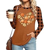 Halloween Shirts Women: Pumpkin T-Shirt Funny Pumpkin Graphic Tee Fall Plaid Long Sleeve Autumn Tops
