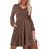 ANRABESS Women's Long Lantern Sleeve Ribbed Knit Dresses V Neck Casual 2025 Fall Winter Flowy Swing Tunic Sweater Short Dress