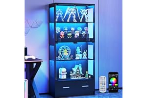 Lamtor Display Cabinet with Lights - 67" Curio Cabinet for Collectibles with Glass Door and 2 Drawers, 4 Tier Glass Display Case for Living Room, Black