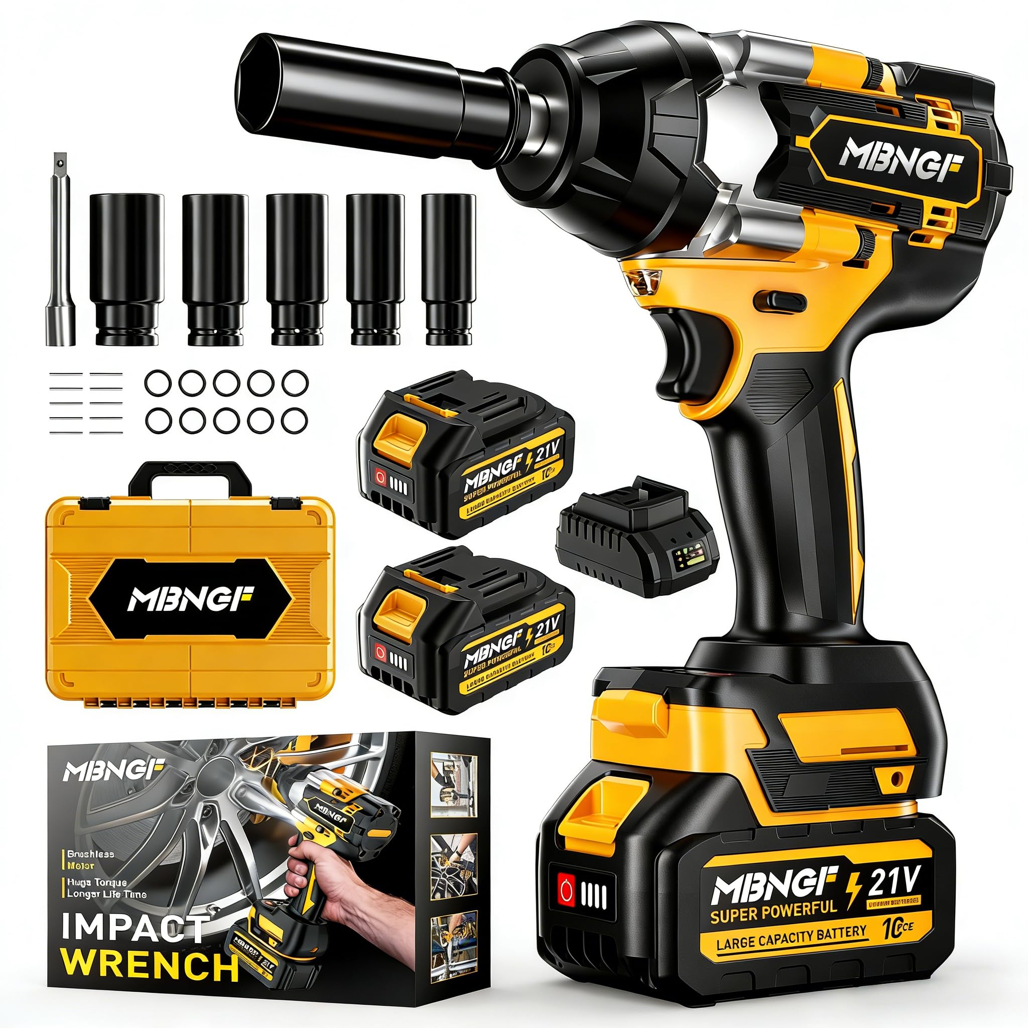 Photo 1 of MBNGF Impact Wrench 1/2 Inch, High Torque Impact Gun with 1500N·m(1100 Ft-lbs), 21V Brushless Electric Impact Wrench with 2 * 40Ah Battery, 3-Speed, LED Light, 5 Sockets for Car/Mower/Pickup/Truck RV