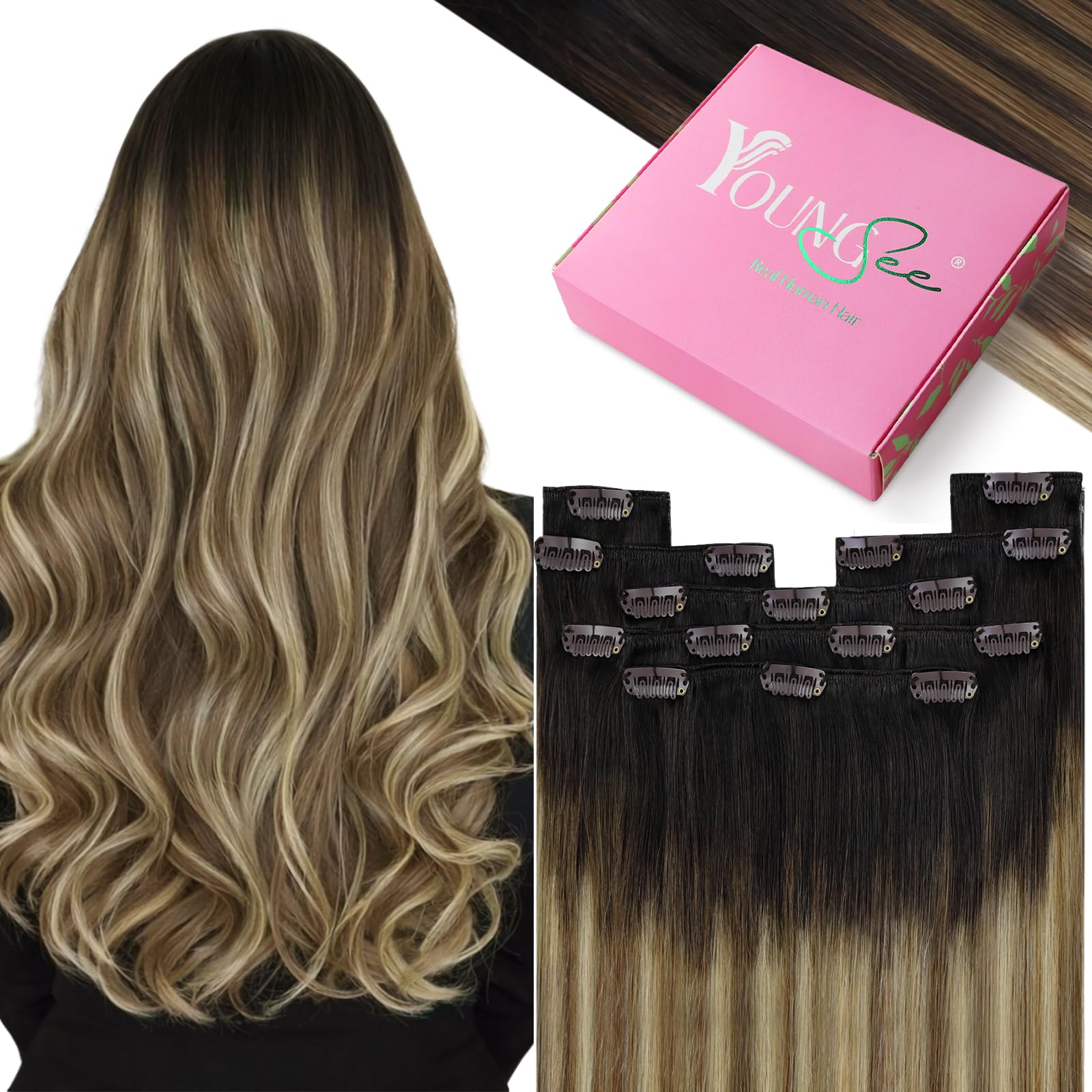 YoungSee Clip in Hair Extensions Balayage 18inch 120g Clip in Human Hair Extensions Dark Brown Roots Blending into Medium Brown with Warm Blonde Human Hair Clip in Extensions for Wedding Smooth 7pcs — image 1