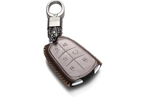 Vitodeco Genuine Leather Smart Key Keyless Remote Entry Fob Case Cover with Key Chain for 2015-2019 Cadillac Escalade, Escalade ESV (6 Buttons, Brown)