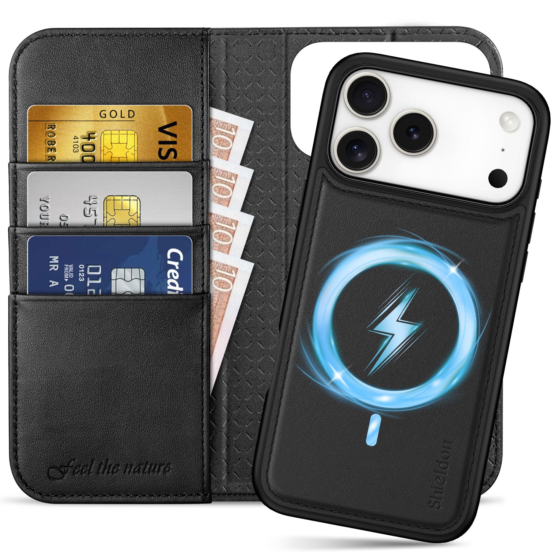 Photo 1 of SHIELDON 2-in-1 Genuine Leather Wallet Case for iPhone 17 Pro Max 6.9" 2025 | Detachable, Wireless Charging, Flip Magnetic Closure, Kickstand, RFID Blocking Card Slot, Shockproof Cover - Black