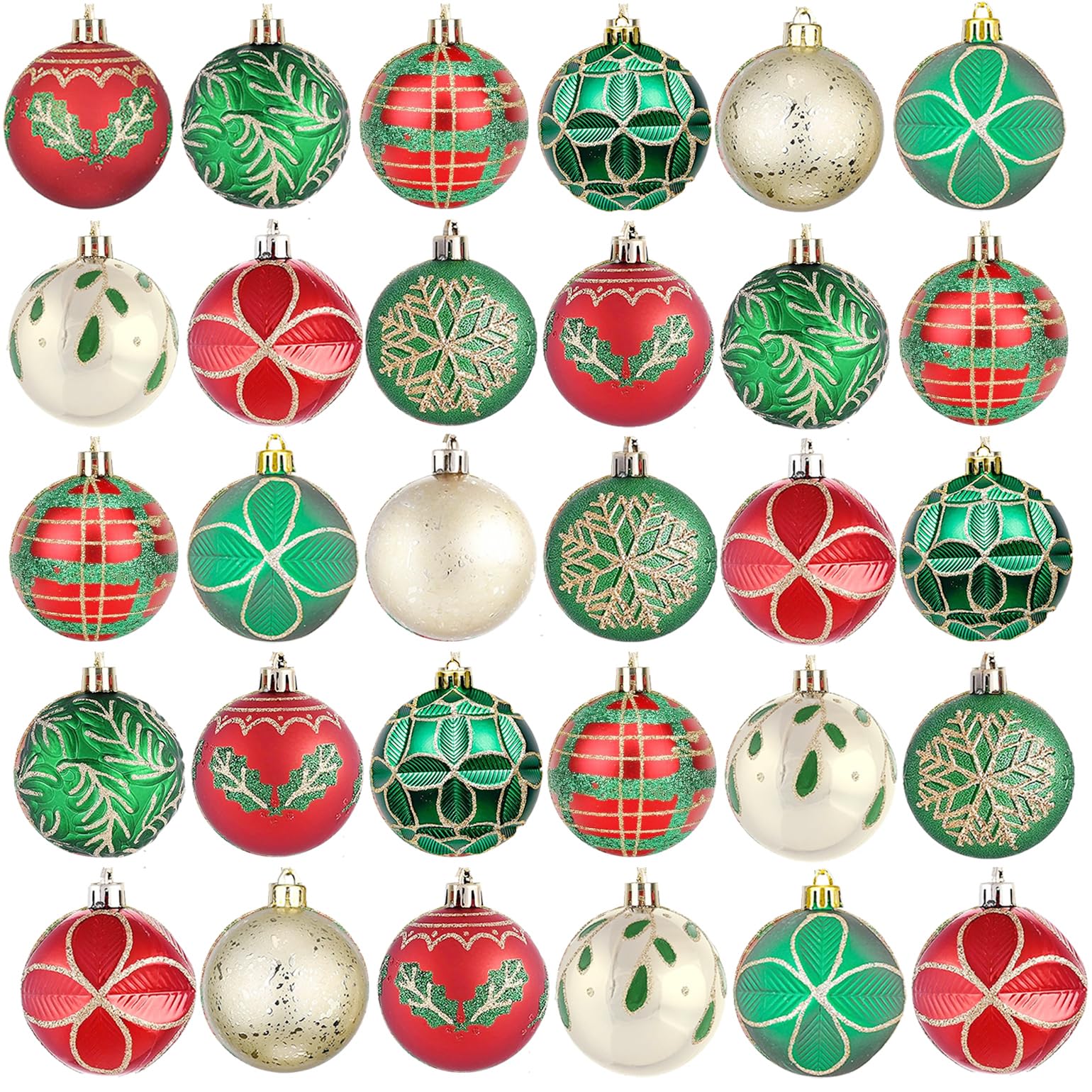 30pcs Shatterproof Christmas Baubles,10 Styles Traditional Christmas Ball Ornaments for Xmas Tree Decorations (Red Gold Green)