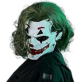 IUUBVV Futuristic Clown Mask with Green Wig, White and Red Cyberpunk Style Face Mask, Halloween Costume Accessory