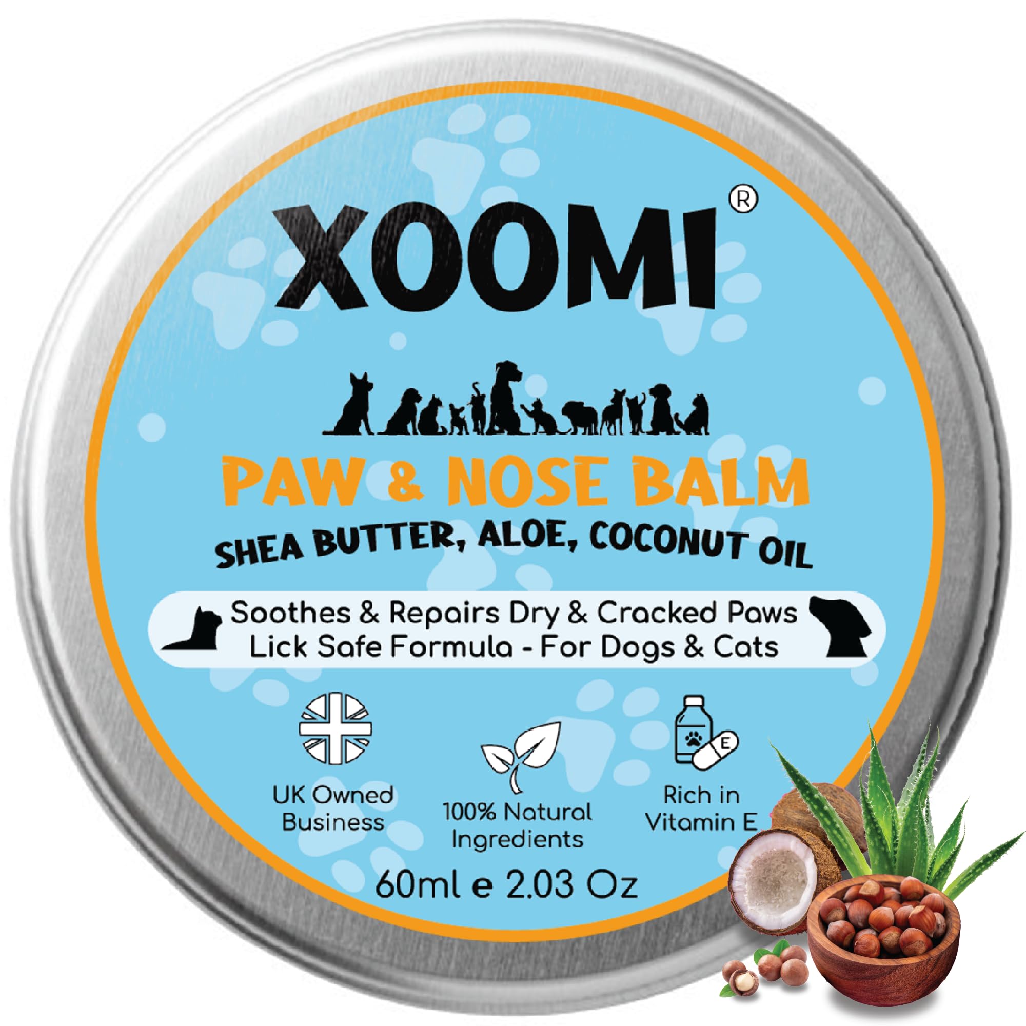 XOOMI Paw & Nose Balm for Dogs & Cats 60ml, Natural Paw Wax with Shea Butter, Aloe, Coconut & Beeswax, Lick Safe, Vegan, Cruelty-Free Dog Paw Balm for Cracked Pads & Dry Noses, UK Brand