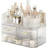 DASITON Makeup Organizer with Drawers and Rotating Makeup Brush Holder,Large Capacity Stackable Cosmetic Organizer Countertop,Bathroom Organizers and Storage,Make up Organizers for Vanity (Clear 03)
