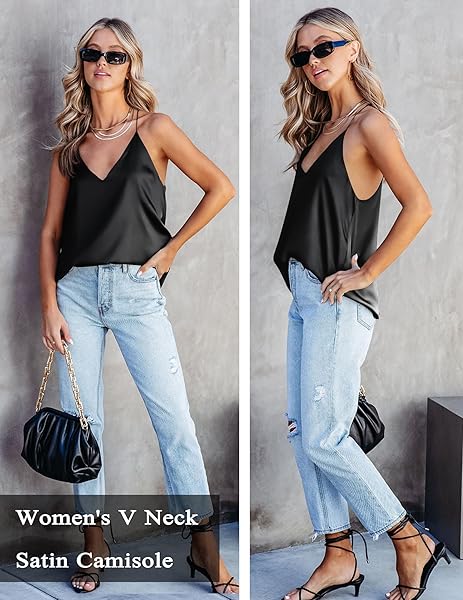 EKOUAER WOMENS SATIN TANK TOPS 2 PACK SILKY CAMISOLE V NECK SPAGHETTI STRAP BLOUSES SLEEVELESS CAMI SHIRT WHITE/BLACK XX-LARGE