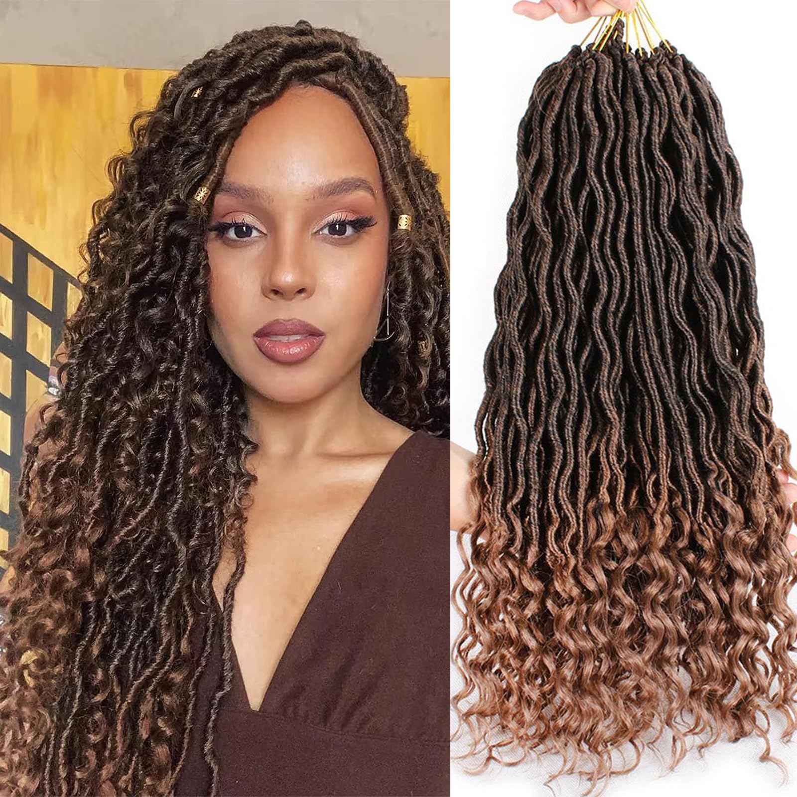Xtrend 24 Inch 6 Packs Ombre Goddess Faux Locs Crochet Braids Curly Ends Wavy Synthetic Braiding Hair Extension Dreadlock Braiding Hair 20 Strands/Pack T30#