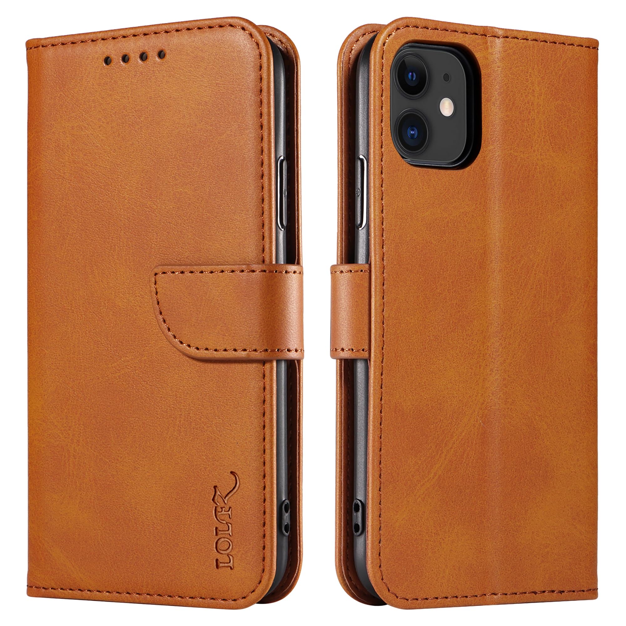 LOLFZ Wallet Case for iPhone 11, Vintage Leather Book Case with Card Holder Kickstand Magnetic Closure Flip Case Cover for iPhone 11 - Light Brown