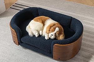 HomSof 26.38" Scandinavian Style Elevated Dog Cat Bed Pet Sofa with Solid Wood Legs and Bent Wood Back with Velvet Cushion,Small Size，Navy+Brown