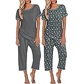 Ekouaer 2 Pack Womens Pajamas Sets Short Sleeve Tops and Capri Pants Pjs Colorful Printed Sleepwear Sets