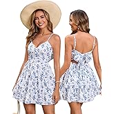 HTZMO Women Casual Summer Floral Mini Sundress V Neck Bow Tie Backless Flowy Cute Graduation Boho Beach Short Dress