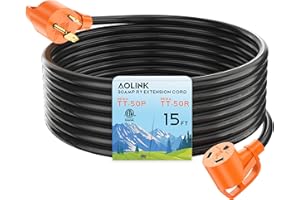 AOLINK 30 Amp RV Extension Cord 15 Feet, STW Copper Wire, NEMA TT-30P to TT-30R, Heavy Duty with Handle and Cord Organizer for RV Trailer Campers, Orange