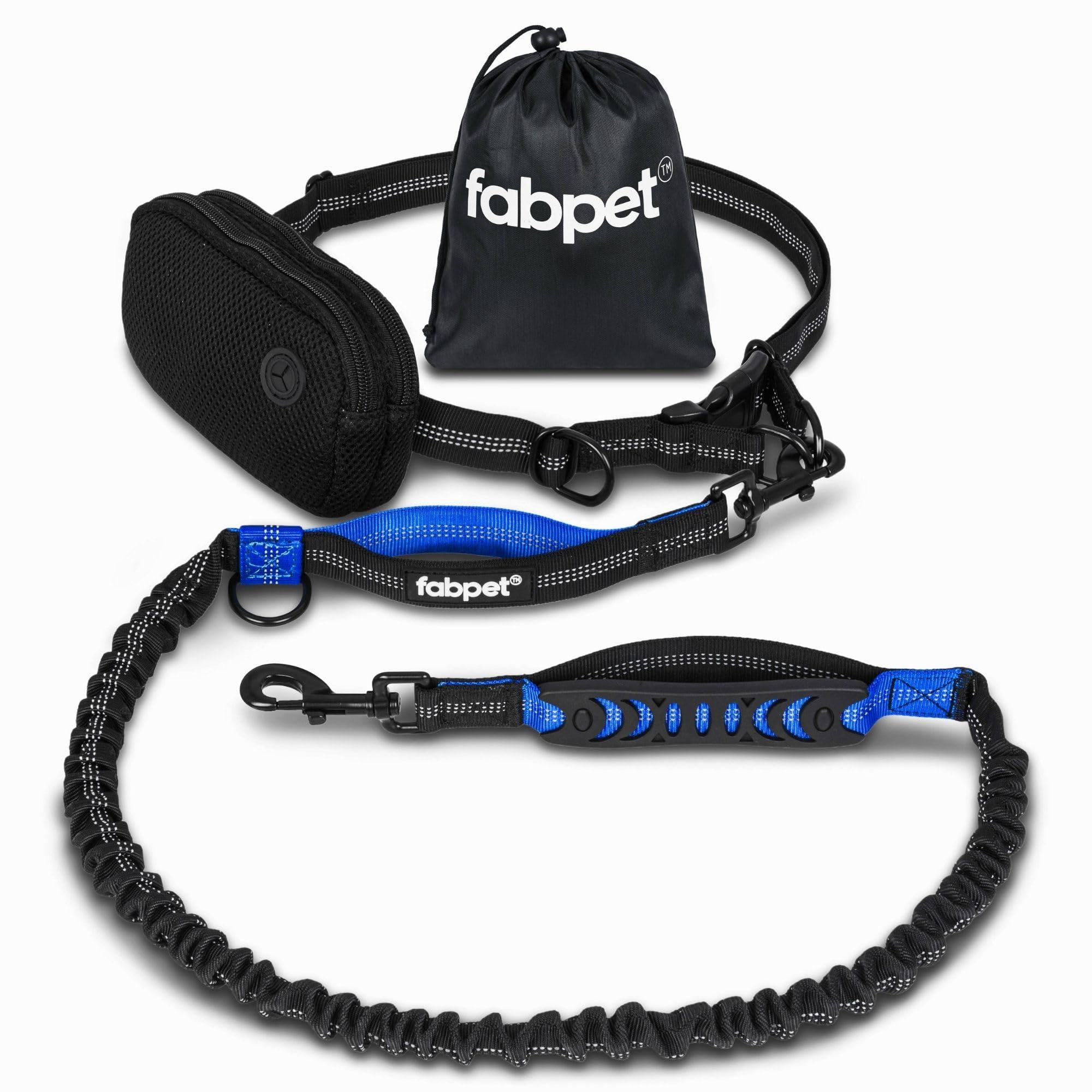 Fabpet Hands Free Dog Lead for Running, Walking and Jogging - Strong Dual D-ring Design up to 60kg, Lightweight Adjustable Waist Belt with Detachable Pouch for Medium & Large Dogs