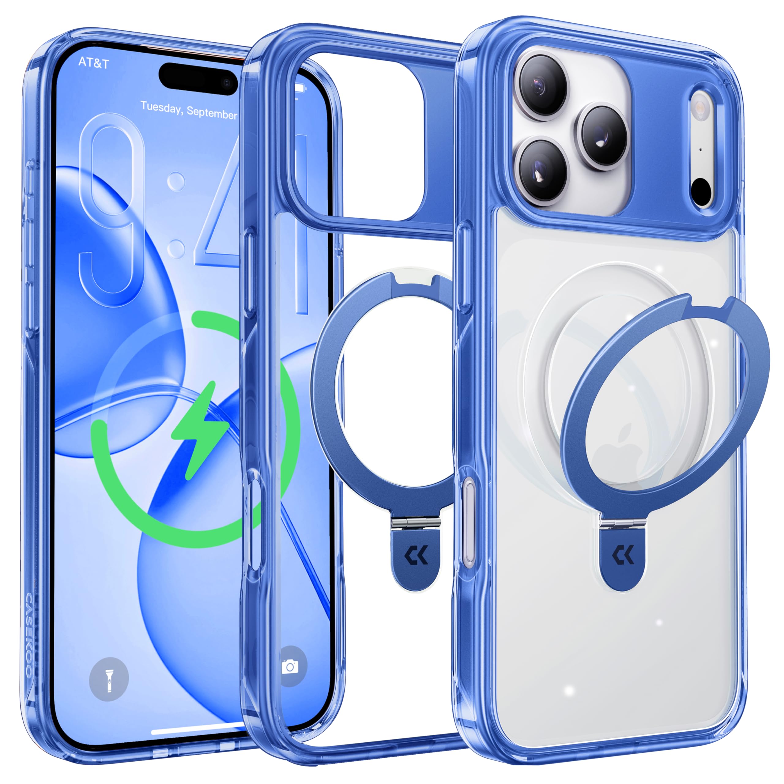 Photo 1 of CASEKOO Deep Blue for iPhone 17 Pro Max Case with Ultra Magnetic Stand, Fit for MagSafe, 16FT Military Grade Protection, Kickstand for Viewing & Work, Clear Back, Blue