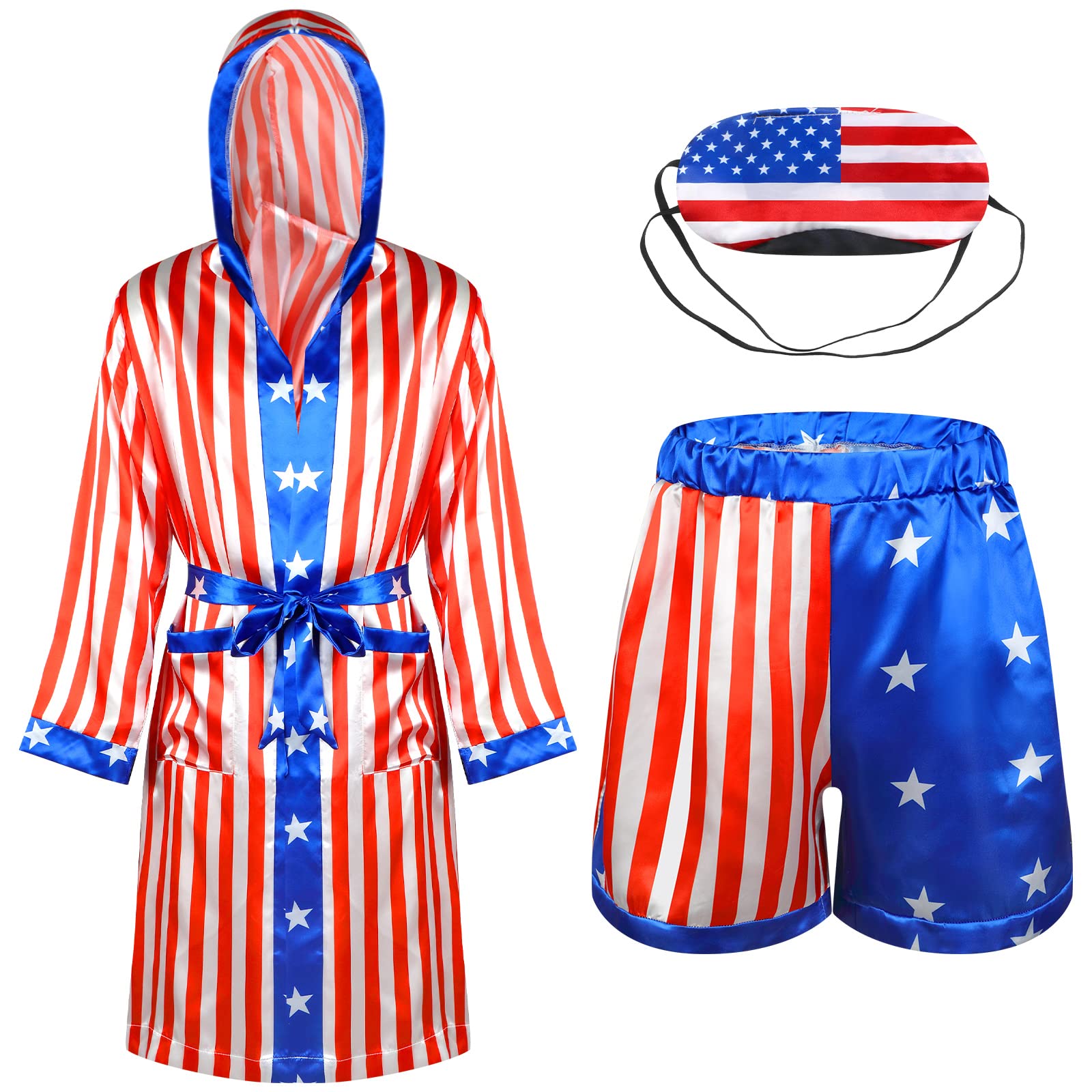 Photo 1 of Vabean Satin American Flag Boxing Costume with Boxing Robe USA Boxer Shorts and Patriotic Eye Mask USA Outfits for Halloween(Large)
