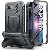 FNTCASE for iPhone 17e Case with Built-in Screen Protector and Kickstand | 20FT Military-Grade Drop Protection, Anti-Slip Matte Textured, Rugged Heavy Duty Shockproof TPU Protective Phone Cover Black