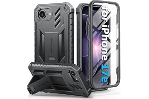 FNTCASE for iPhone 17e Case with Built-in Screen Protector and Kickstand | 20FT Military-Grade Drop Protection, Anti-Slip Matte Textured, Rugged Heavy Duty Shockproof TPU Protective Phone Cover Black