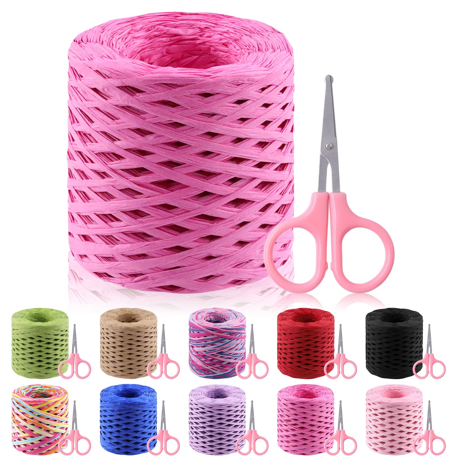 Glarks 200m Raffia Ribbon with Scissors Set, Rose Red Raffia Paper Craft Ribbon Natural Raffia String Kraft Packing Ribbon Twine Ribbon for Gift Wrapping Packing Crafting Supplies