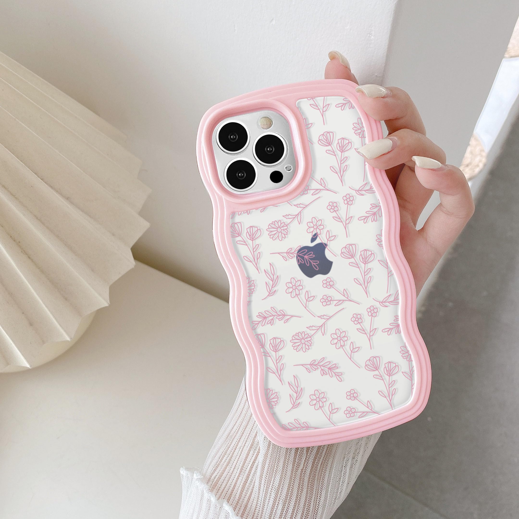QLTYPRI for iPhone 12 Case/iPhone 12 Pro Case, Cute Curly Wave Frame Clear Case for Girls Women, Flower Clear TPU Bumper Slim Soft Silicone Shockproof Phone Cover for iPhone 12/12 Pro - Pink Floral — image 1