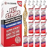 Fly Strips Indoor Sticky Hanging 10pk with Pins. Non Toxic Outdoor Fly Trap Indoor for Home. Flies Tape Paper Trap Ribbon Roll for House Gnat Fruit and Housefly. Bug Catchers for Inside Home Flypaper.