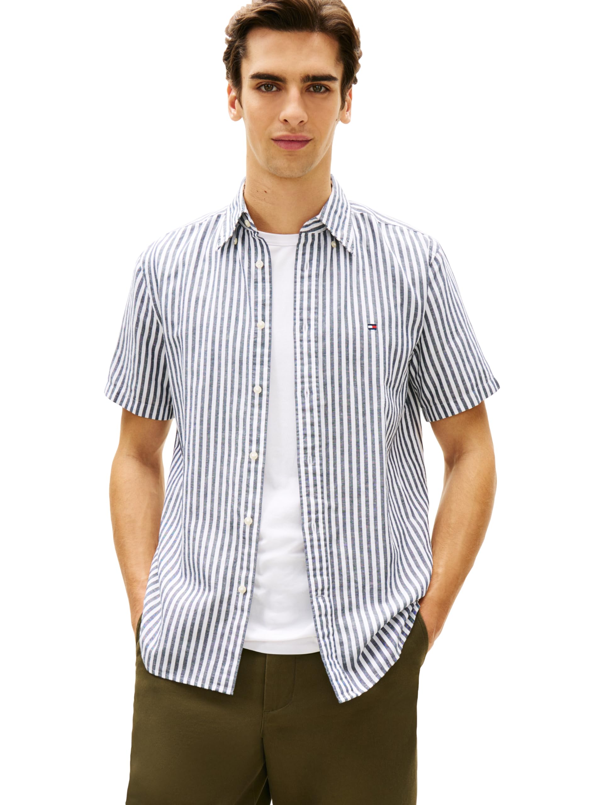 Tommy Hilfiger Men’s Linen Blend Stripe Regular Short Sleeve Shirts,Carbon Navy/Stripe XX-Large