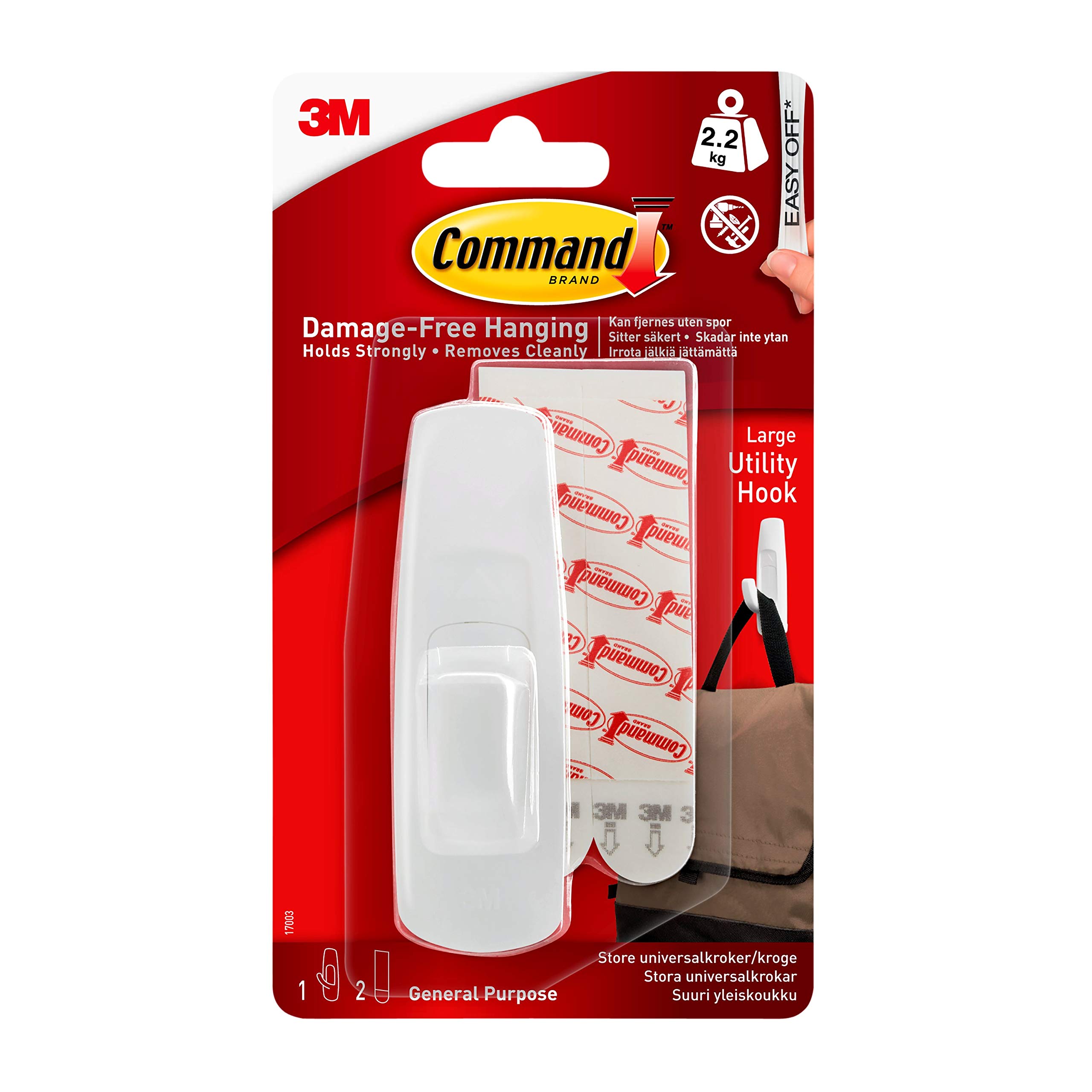 Command Large Utility Hook, Pack of 1 Hook and 2 Adhesive Strips, White - Damage Free Hanging - Holds up to 2.2kg