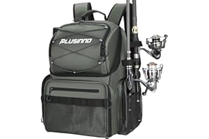 PLUSINNO Fishing Backpack with Rod Holders & Cooler, 45L Large Water-Resistant Fishing Tackle Bag,Fishing Tackle Backpack