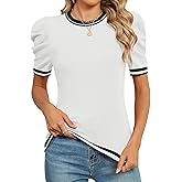 AKEWEI Puff Short Sleeve Sweater for Women Tops Trendy Spring Summer 2025 Business Casual Outfits Knit Crewneck Shirt Blouses