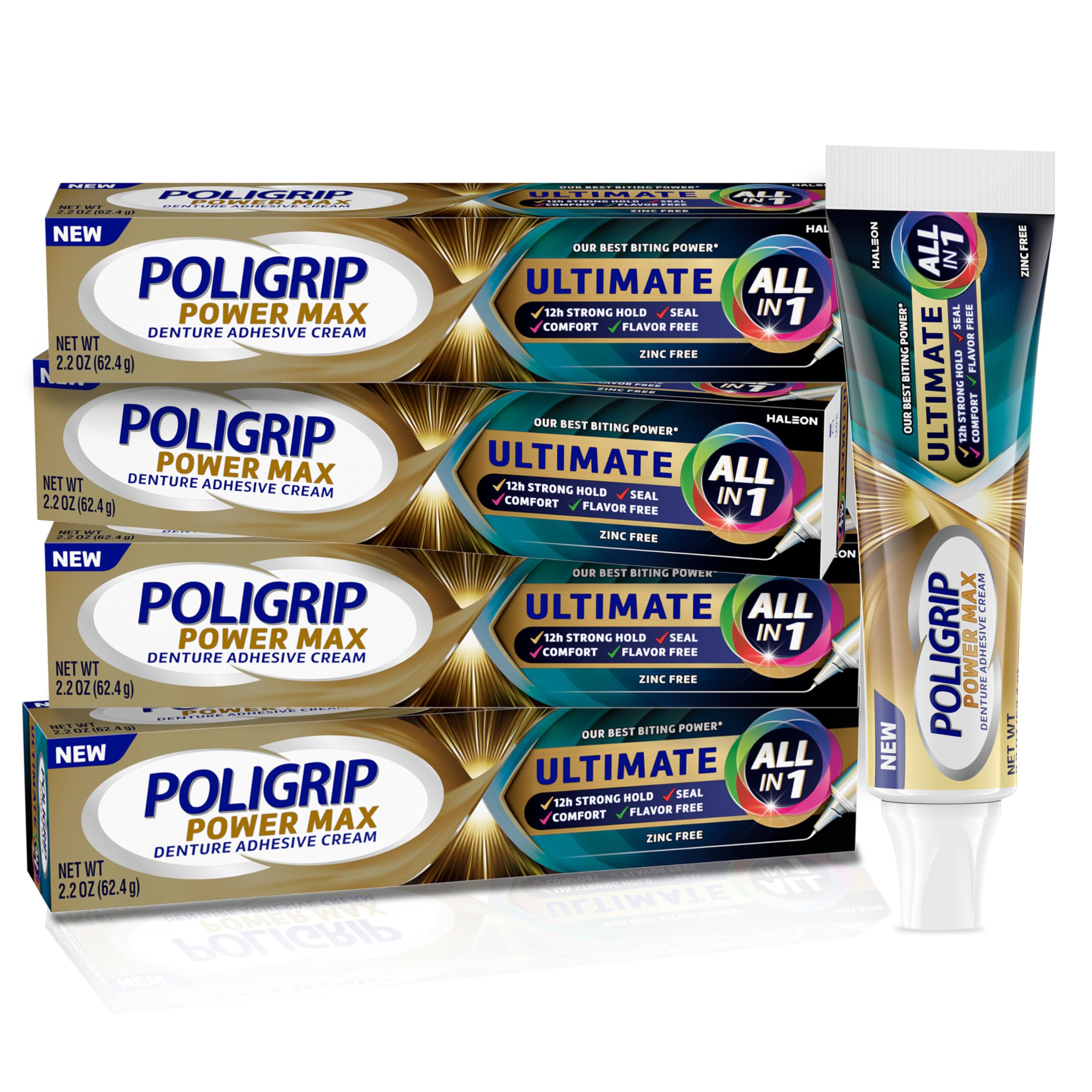 Photo 1 of Poligrip Power Max Ultimate All-In-1 Denture Adhesive Cream, Zinc Free, 2.2 oz (4 Pack)