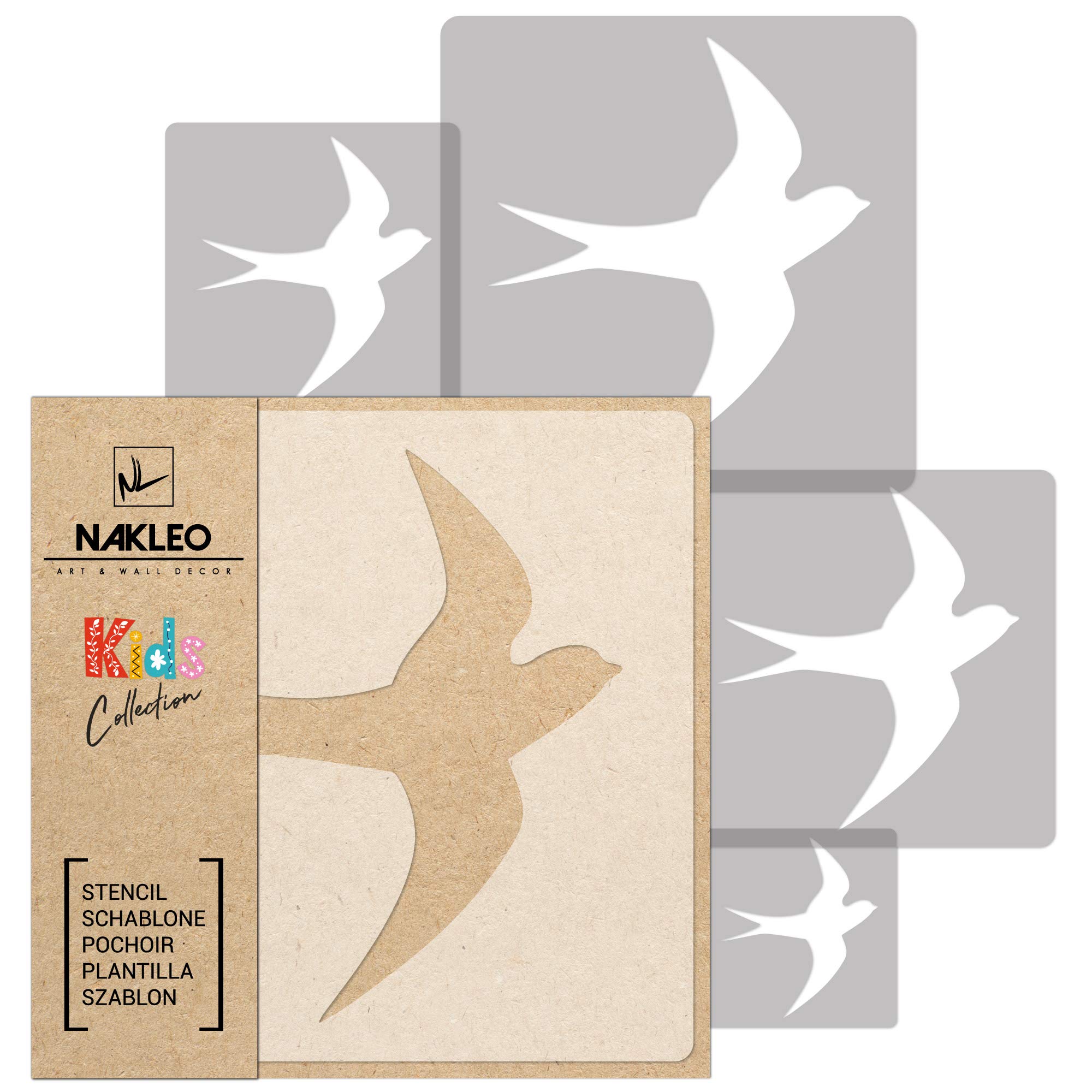 NAKLEO Painting Stencils Set for Kids, 5 Pcs Templates 9x9 to 34x34cm Swallow Bird Animal, Plastic and Reusable Drawing Stencils, Children Room Decor, Craft DIY Wall Furniture