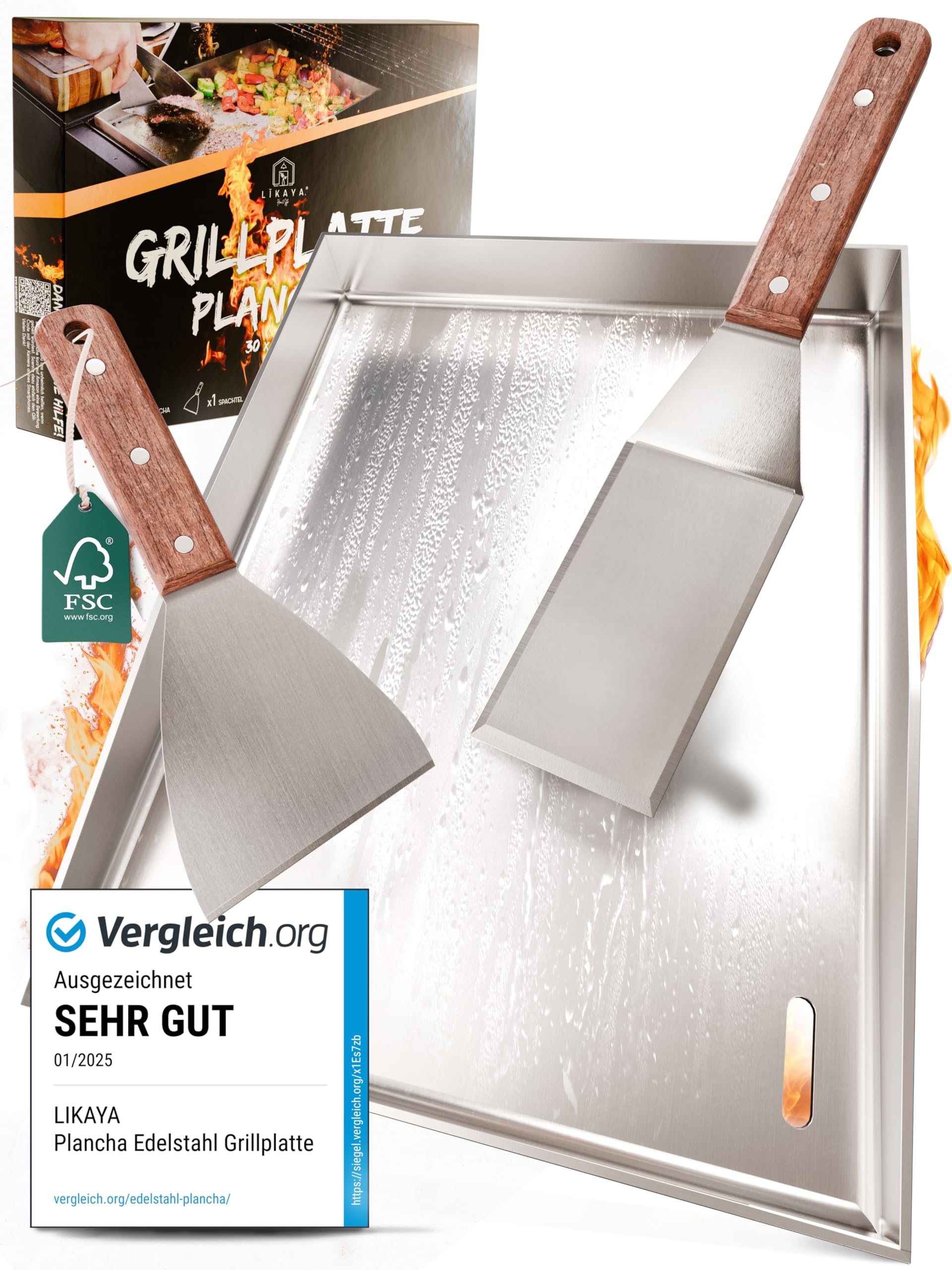 LIKAYA® Plancha Grillplatte [30x40cm] mit 2x Grillspachtel mit FSC-Akazienholzgriff Grillzubehör | Verzugsfreier Edelstahl | Plancha Gasgrill Kohlegrill | Geschlossene Ecken ohne Auslaufen