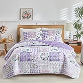 Joyreap 3 Pieces Floral Quilt Set King, Patchwork Purple n Pink Flowers Design, Smooth Soft Microfiber Quilt, Bedspread Bed Cover for All Season, 1 Quilt and 2 Pillow Shams- 102x90 inches