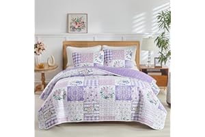 Joyreap 3 Pieces Floral Quilt Set Queen, Patchwork Purple n Pink Flowers Design, Smooth Soft Microfiber Quilt, Bedspread Bed Cover for All Season, 1 Quilt and 2 Pillow Shams- 90x90 inches