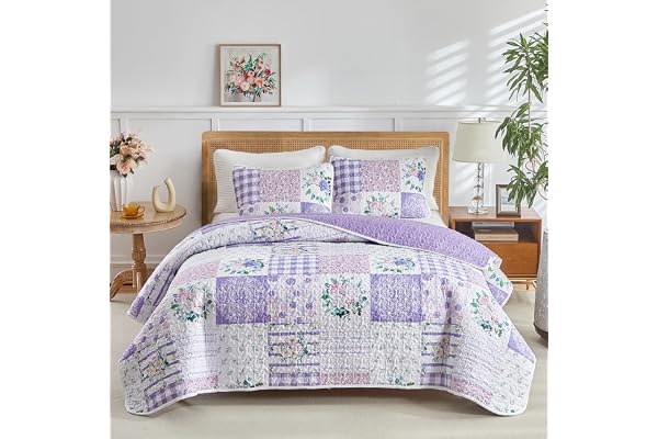 Joyreap 3 Pieces Floral Quilt Set Queen, Patchwork Purple n Pink Patchwork Flowers Design, Smooth Soft Microfiber Quilt, Beds