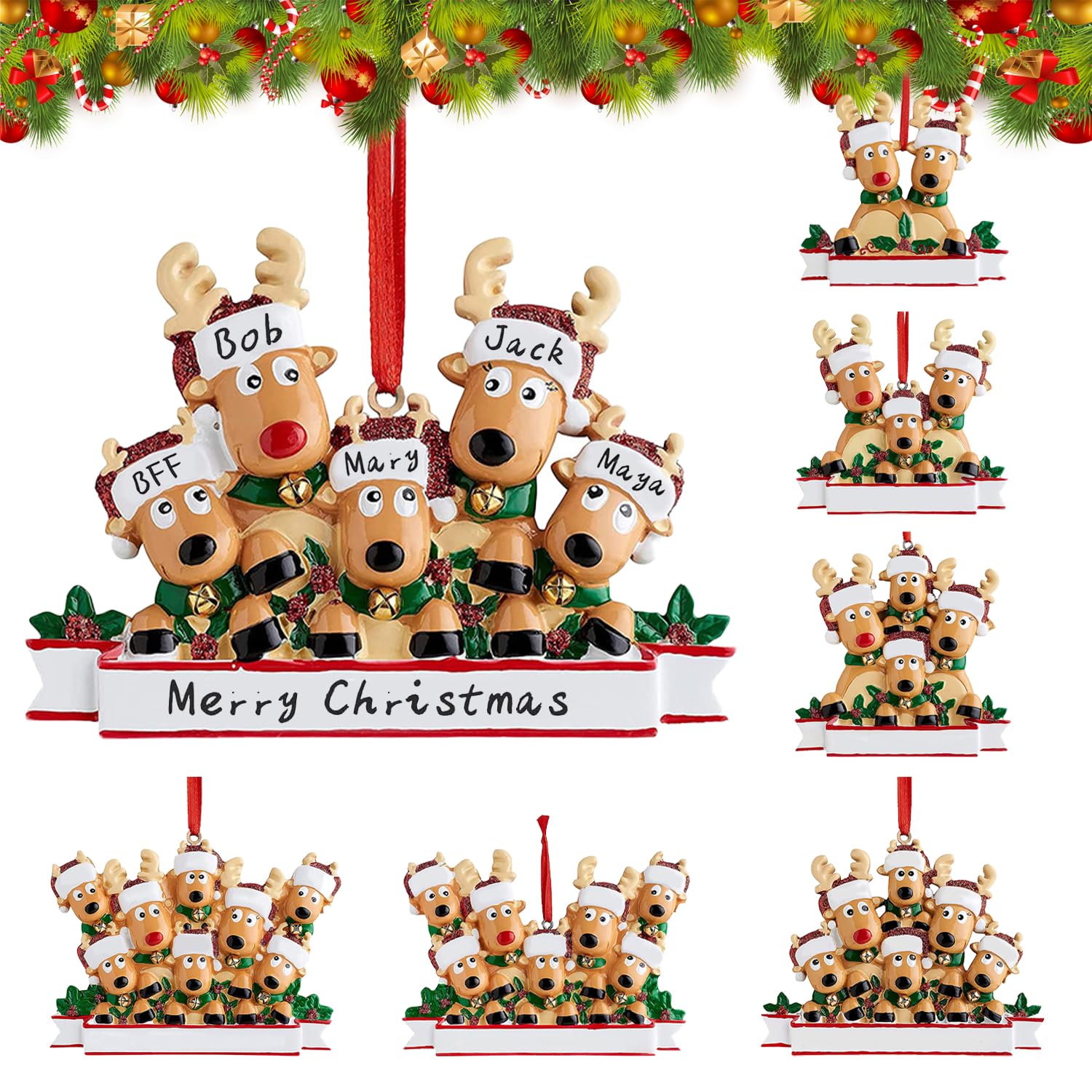 2025 Christmas Reindeer Family Decorations, Personalized DIY Christmas Ornaments Tree Hanging Pendant Family of 2,3,4,5,6,7,8, Xmas Decor Gifts for Home (Family of 5)
