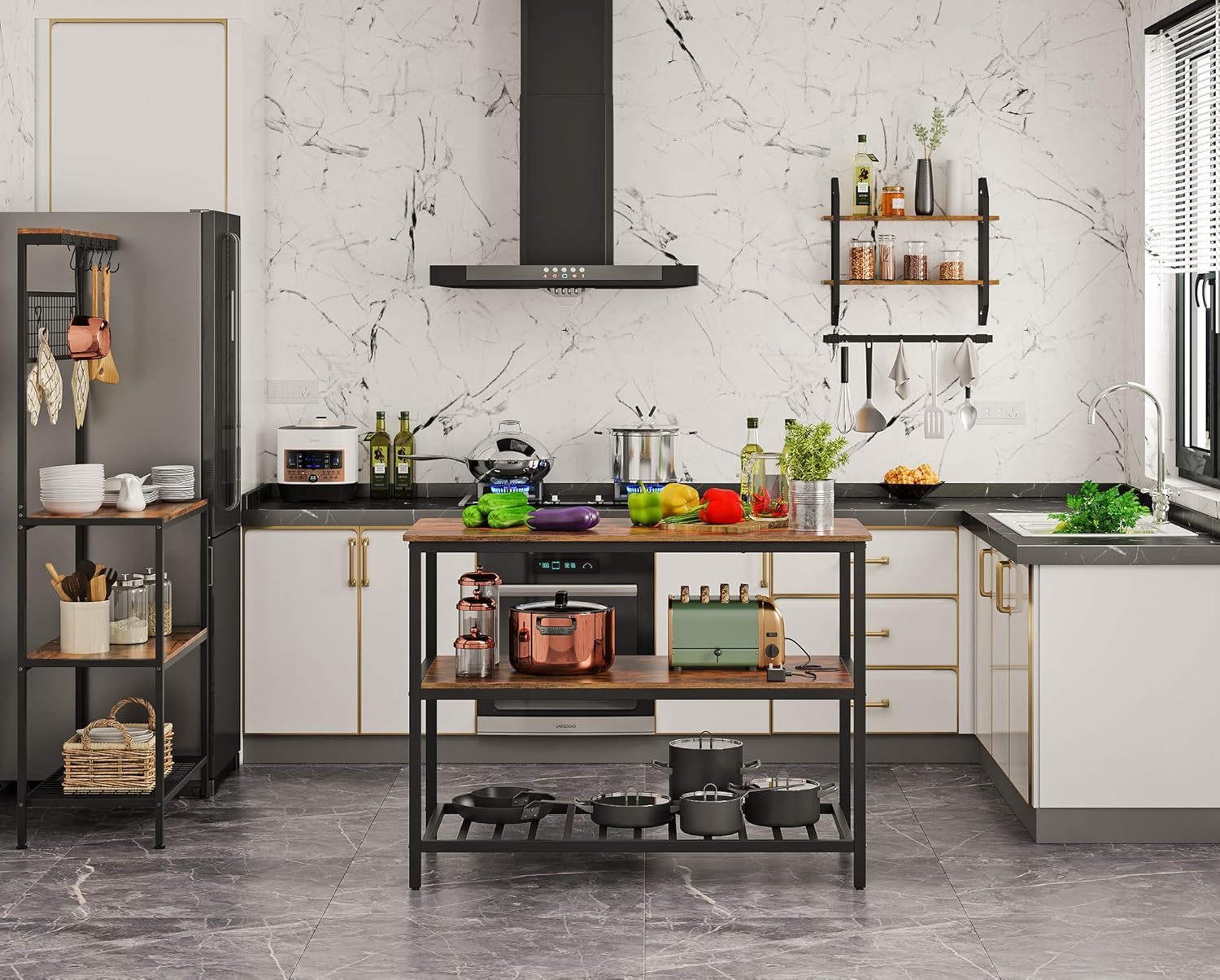 VASAGLE ALINRU Kitchen Island with 3 Shelves, Kitchen Shelf with Large Worktop, Stable Steel Structure, 47.2 x 23.6 x 35.4 Inches, Industrial, Easy to Assemble, Rustic Brown and Black UKKI01BX - Kitchen Islands & Carts