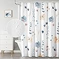 QiyI Watercolor Floral Shower Curtain, 3D Embossed Butterflies Blue Beige Flower Bathroom Curtain, Minimalist White Cloth Bath Curtain, Waterproof Fabric Textured Shower Curtain Set with Hooks, 72x72