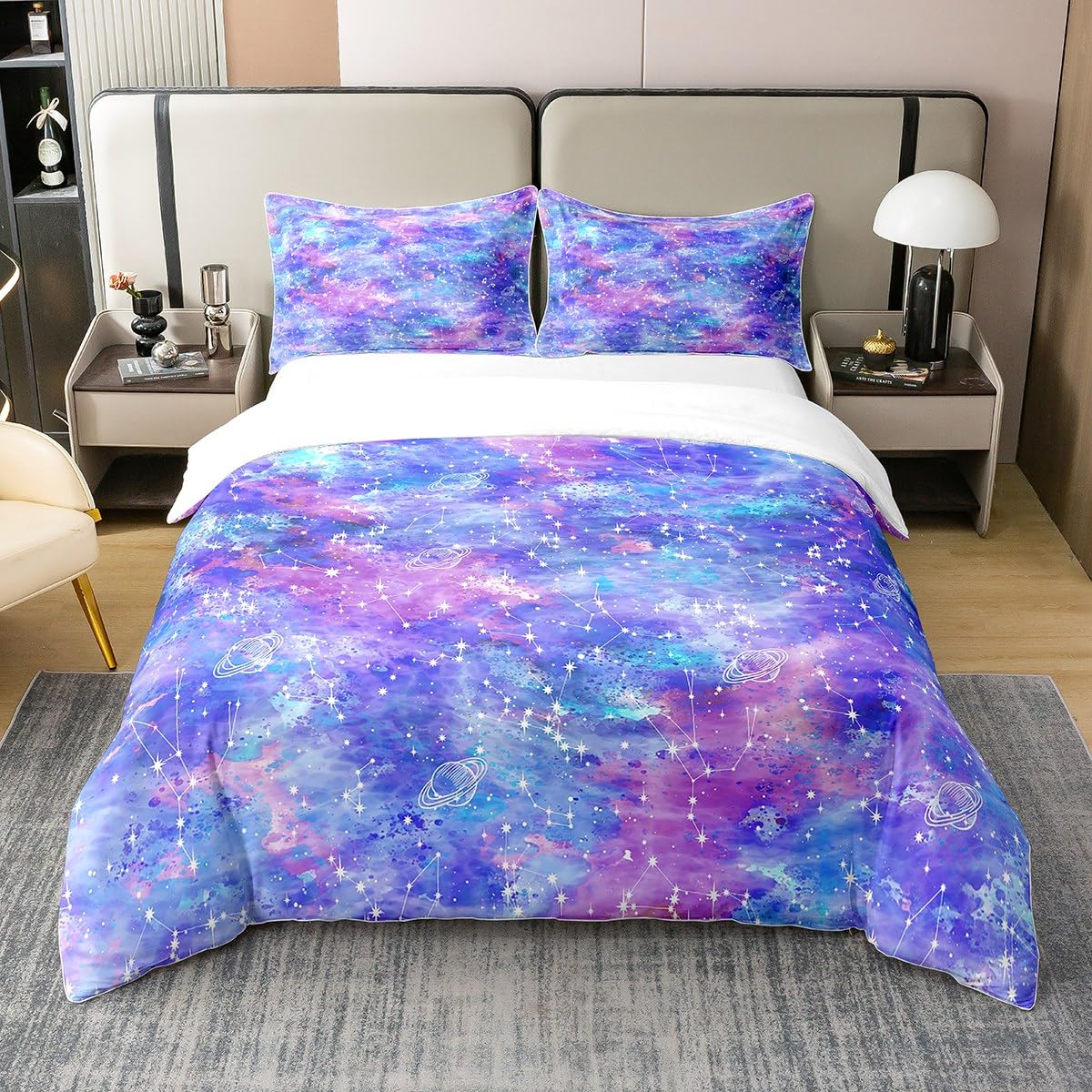 Tie Dye Constellation Print Bedding 100% Cotton Set Ombre 100% Cotton Duvet Cover Gradient Galaxy Blue Purple for Boys Girls Children Teens Bedroom Decor Duvet Set Double Size Zipper Quilt Cover 3Pcs
