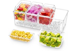 Lifewit Ice Chilled Condiment Caddy with 4 Containers(2.5 cup), Condiment Server with Separate Lids, Serving Tray Platter with Removable Dishes for Bar Accessories, Fruit, Salad, Taco, Party Garnish