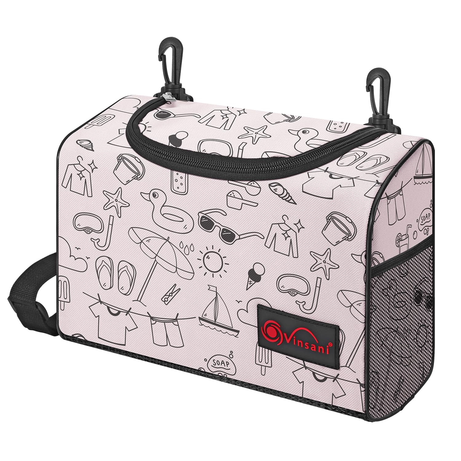 Vinsani Clothes Peg Bag Premium Zipped Waterproof Wearable Peg Storage Organiser Bag with Double Clips Shoulder Waist Strap Holds Up to 300 Pegs Suitable for Indoor Outdoor Use – Printed Cream Pink — image 1