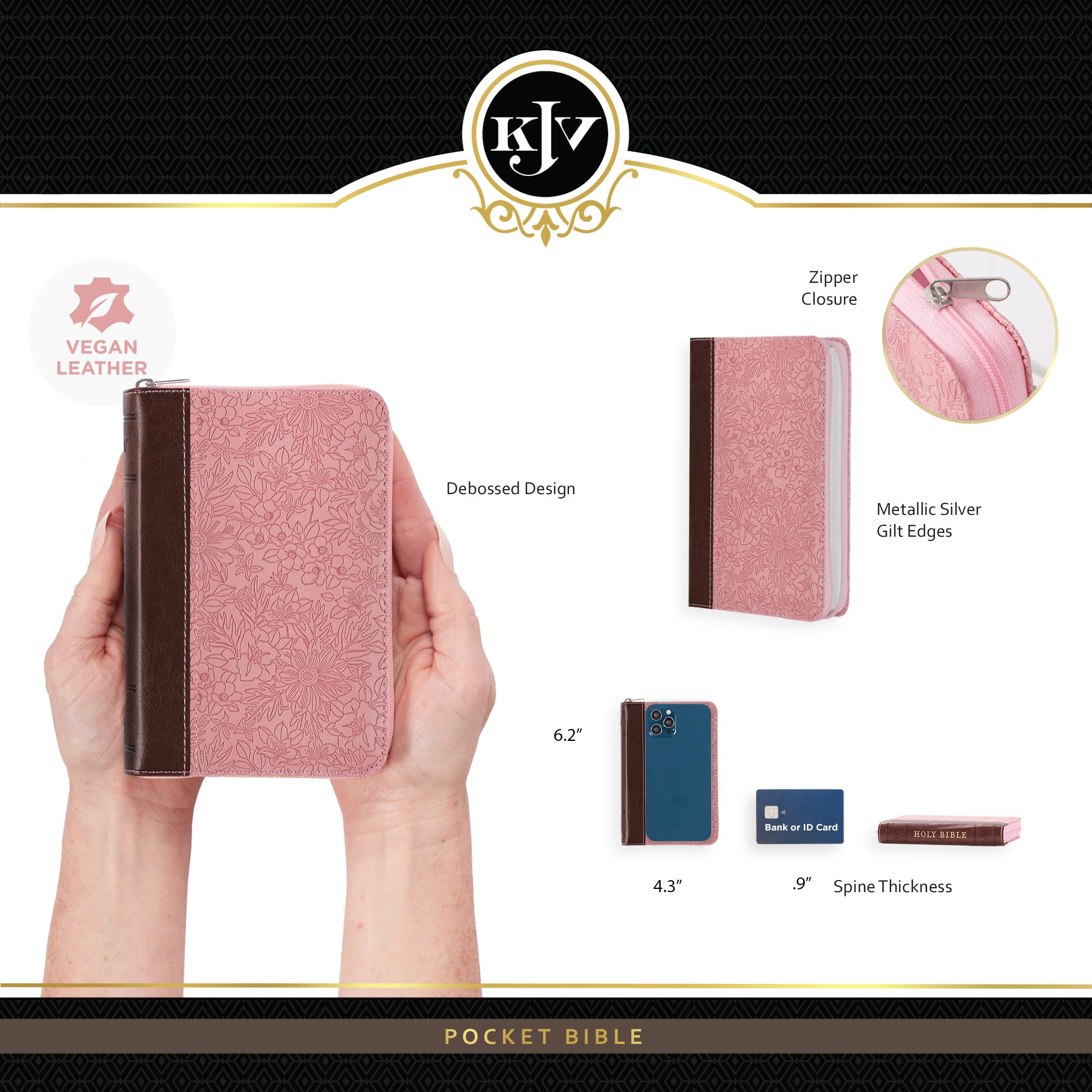 KJV Holy Bible, Mini Pocket Size, Faux Leather Red Letter Edition - Ribbon Marker, King James Version, Pink/Saddle Tan, Zipper Closure, 6.2