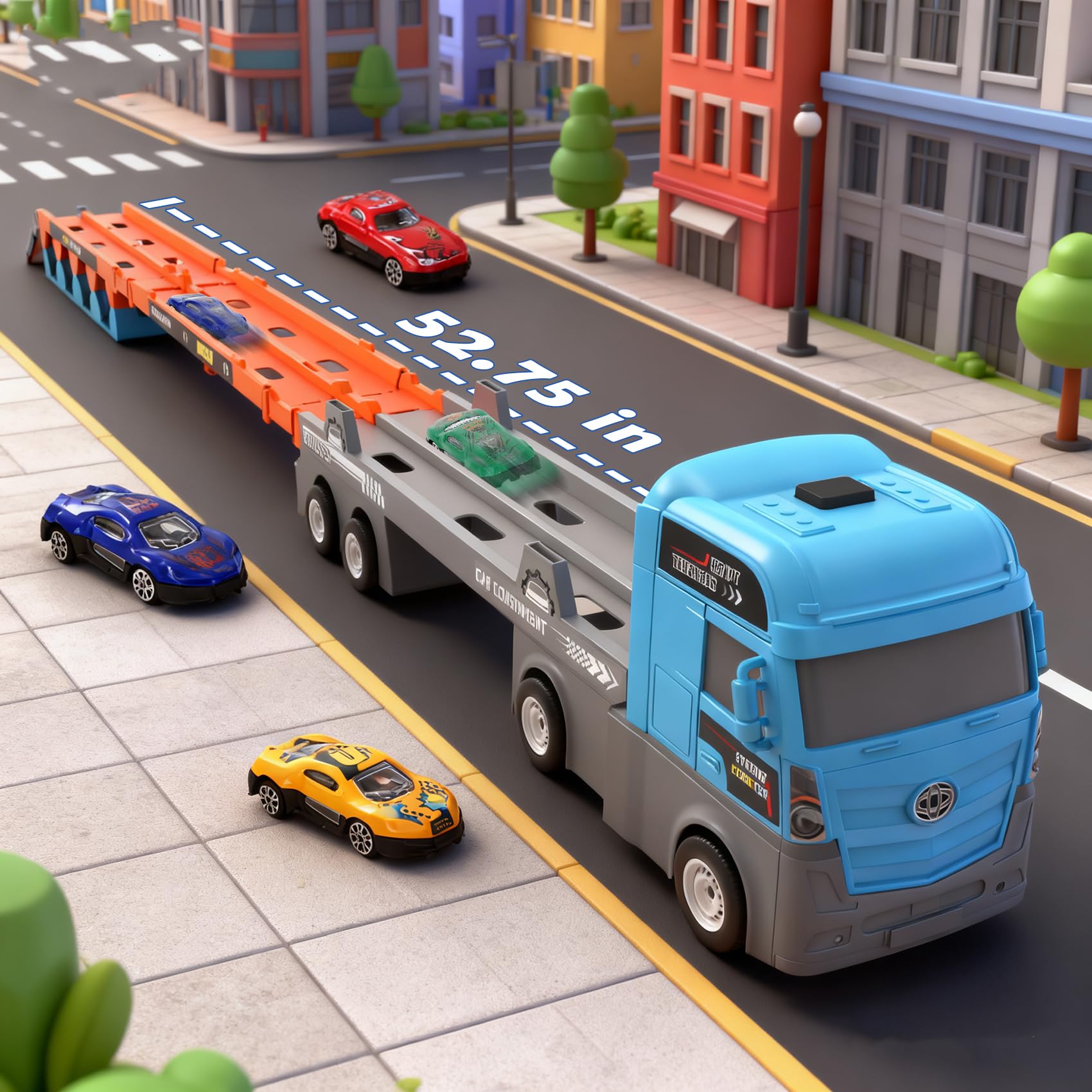 Foldable Race Track Carrier Truck Toy for Toddler, 55-Inch Transport Truck with 16 Toy Cars, Christmas Birthday Gifts for 3 4 5 6 7 8 Year Old Boys & Girls