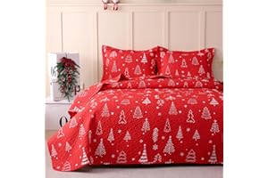 JSD 2 Pcs Kids Christmas Quilt Set Twin Size, Red Christmas Tree Bedding, Soft Microfiber Bedspread Coverlet Holiday Quilted Blanket