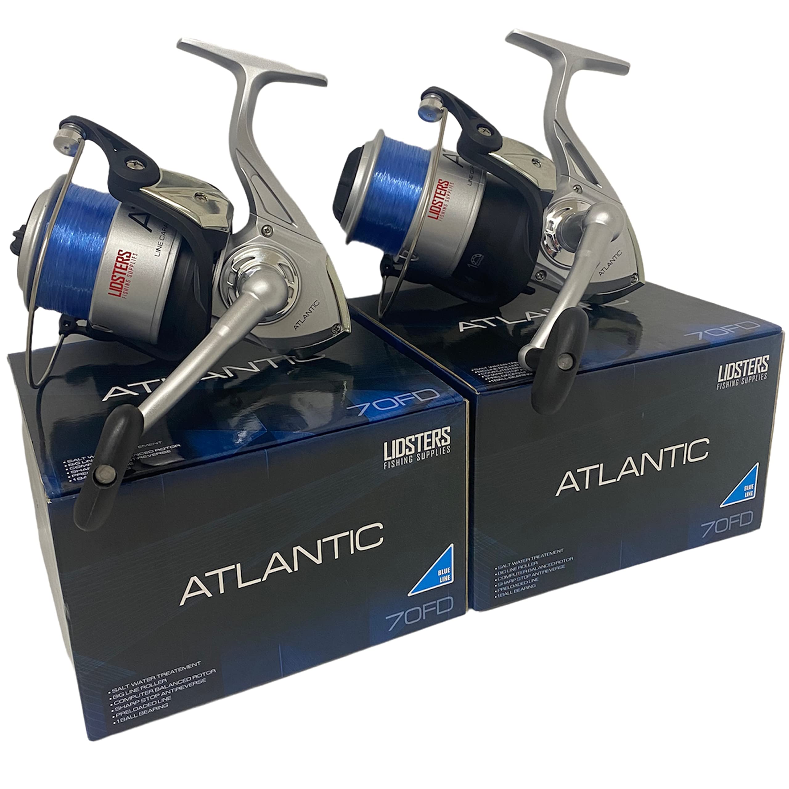 2 LARGE ATLANTIC BLUE 7000 FD SEA FISHING LIDSTER BEACH PIER REEL BLUE LINE 70
