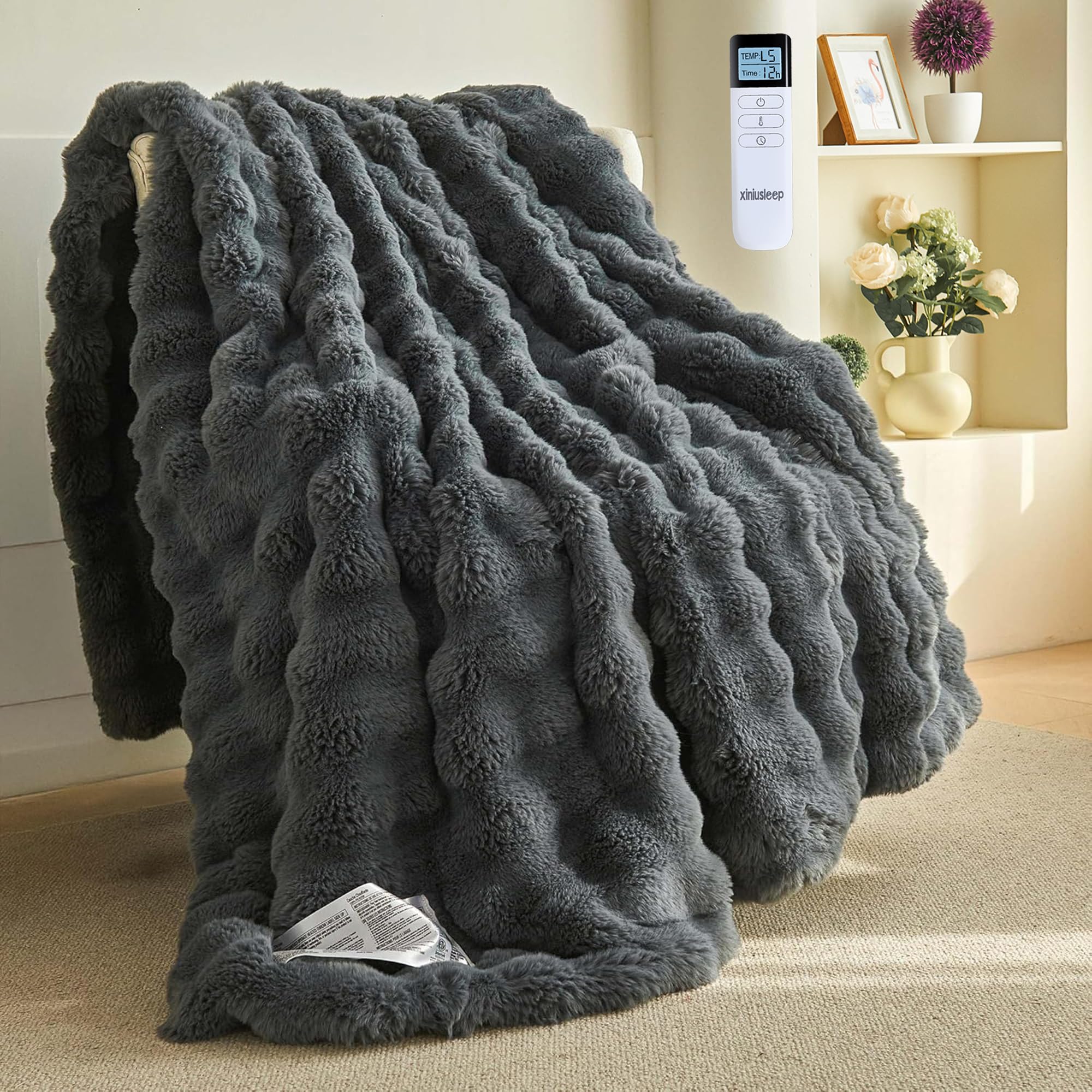 Photo 1 of XINIUSLEEP Thick Bubble Faux Fur Heated Blanket Electric Blanket 62"x84", Soft Faux Rabbit Fur Heating Blankets with Overheat Protection, 12 Time Settings, 5 Heating Level, Machine Washable (Grey)