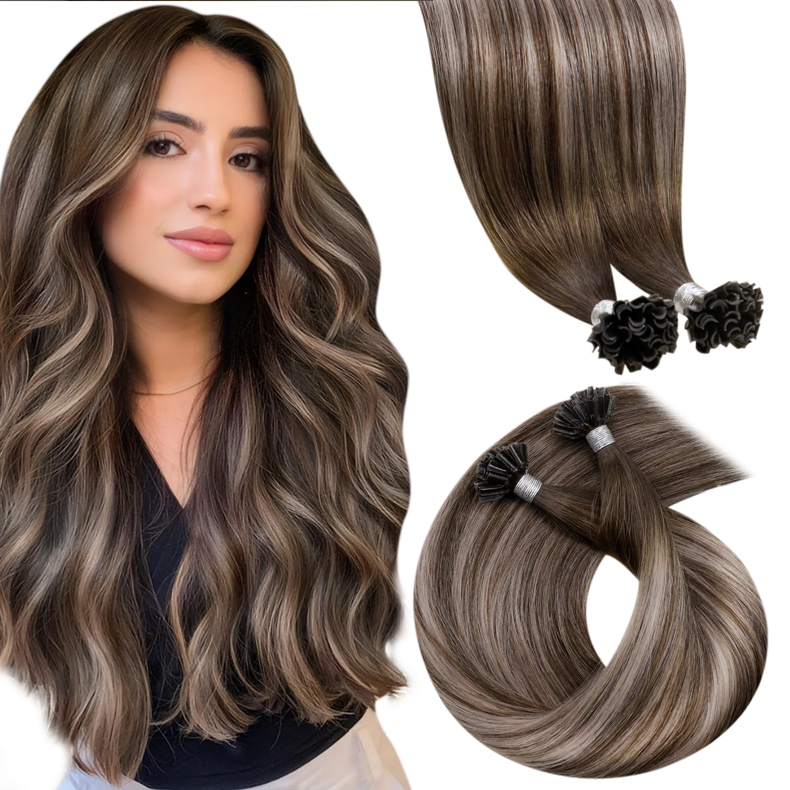 LaaVoo Dark Brown Hair Extensions U Tip Real Human Hair, Remy Straight Balayage Dark Brown to Ash Blonde & Dark Blonde Real Hair Extensions, Hot Fusion for Invisible & Stable 50s 50g 18 Inch #4/18/4 — image 1